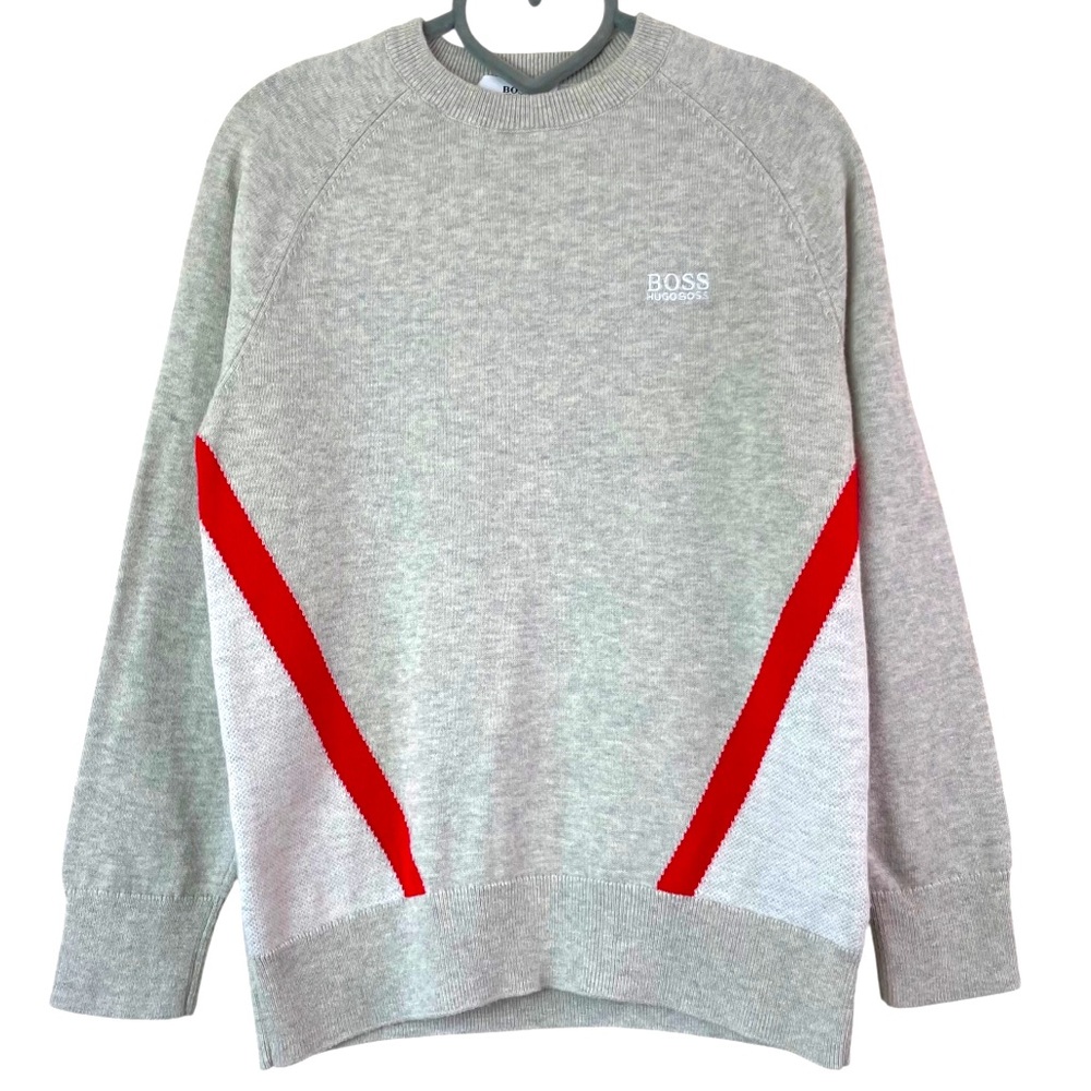 Hugo Boss Kids Grey and Red Cotton Crewneck Jumper Sweatshirt Sweater Size 8-126